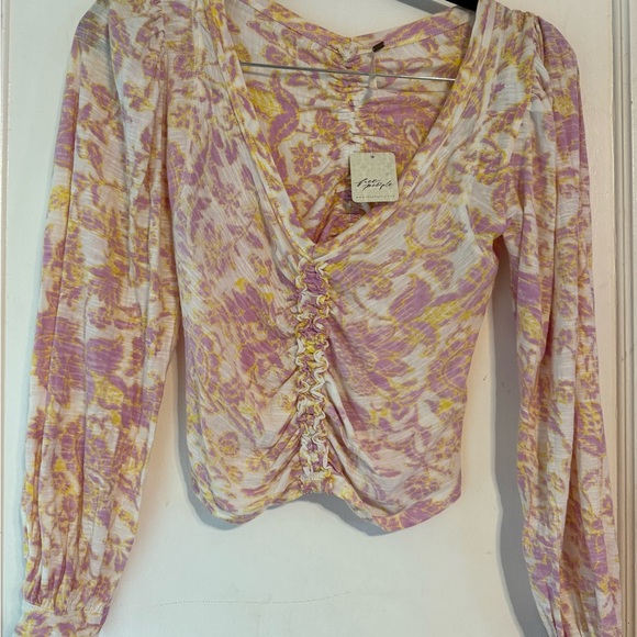Free People Pink and Yellow Floral Ruched Blouse - Picture 1 of 3